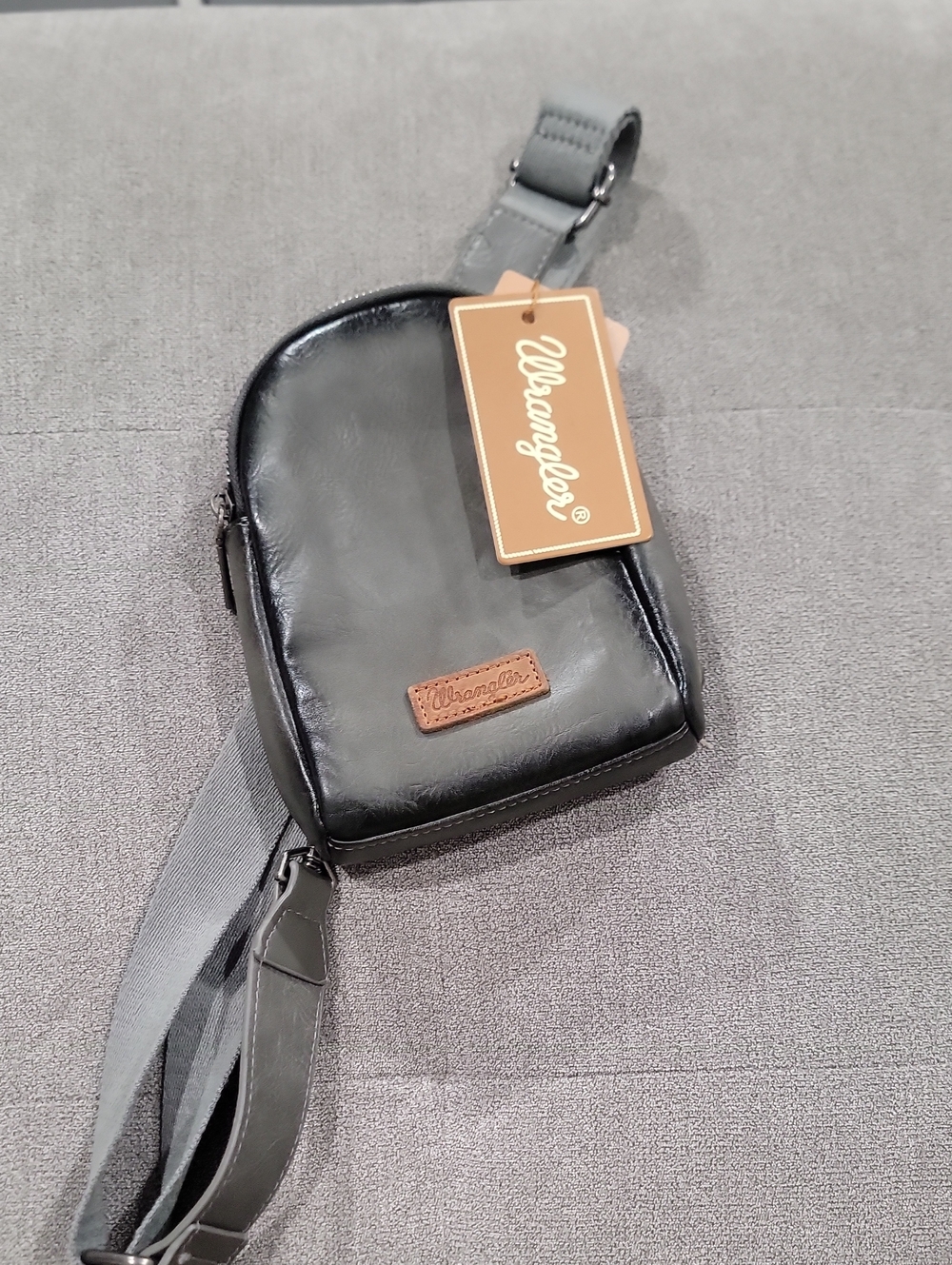 Wrangler Black Faux-Leather Sling Bag with Brown Logo Patch
